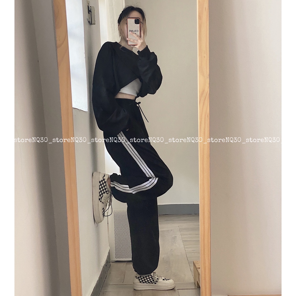 Quần Jogger Ống Rộng 3 Sọc Rút Dây Nam Nữ Unisex