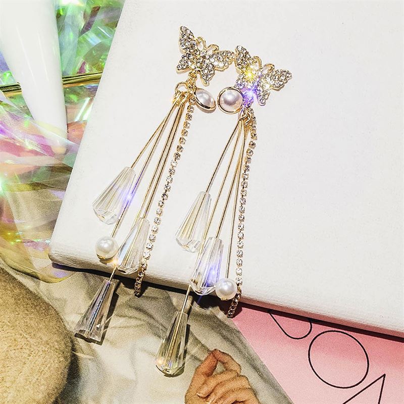 Bông Tai Dáng Dài Phối Tua Rua Hình Bướm Phong Cách Cổ Điển Thời Trang Dự Tiệc Cưới