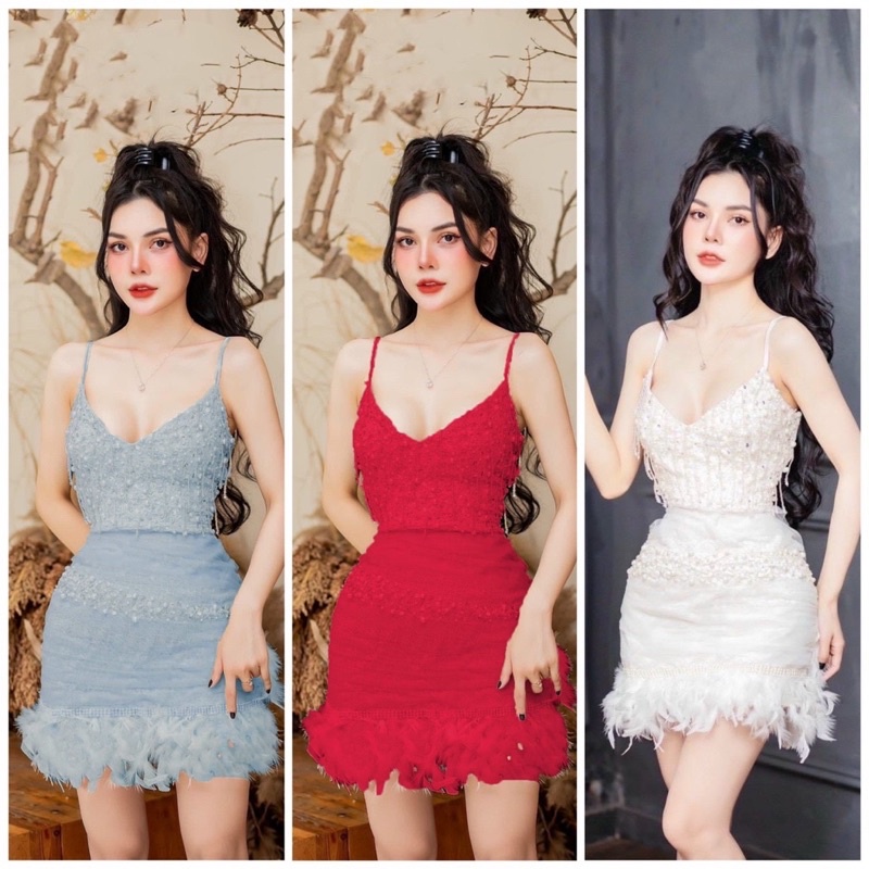 MS1241y ĐẦM BODY LƯỚI NHỆN ĐÍNH LÔNG VŨ KẾT P-L TUA RUA CAO CẤP full size S/M/L/xL