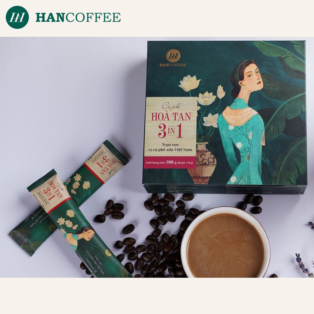 Cà Phê Sữa Hòa Tan HANCOFFEE 3 in 1 Vị Ngọt Nhẹ, Đắng Dịu Hộp 18 gói - HN3in1