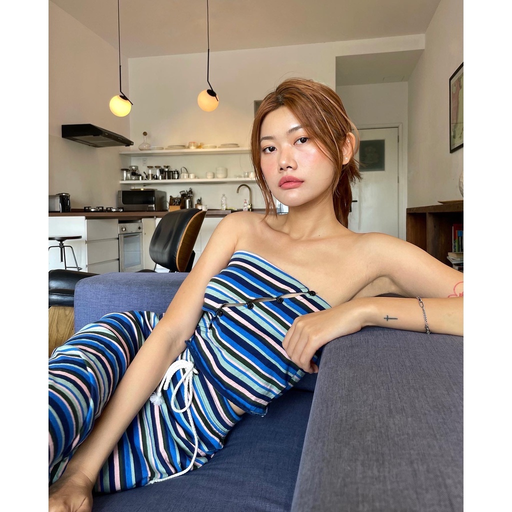 -70% Good Letter H - Set Áo Ống Nữ Nút Cài Chéo Và Chân Váy Maxi Xẻ Tà - Striped Set Tube Top & Skirt