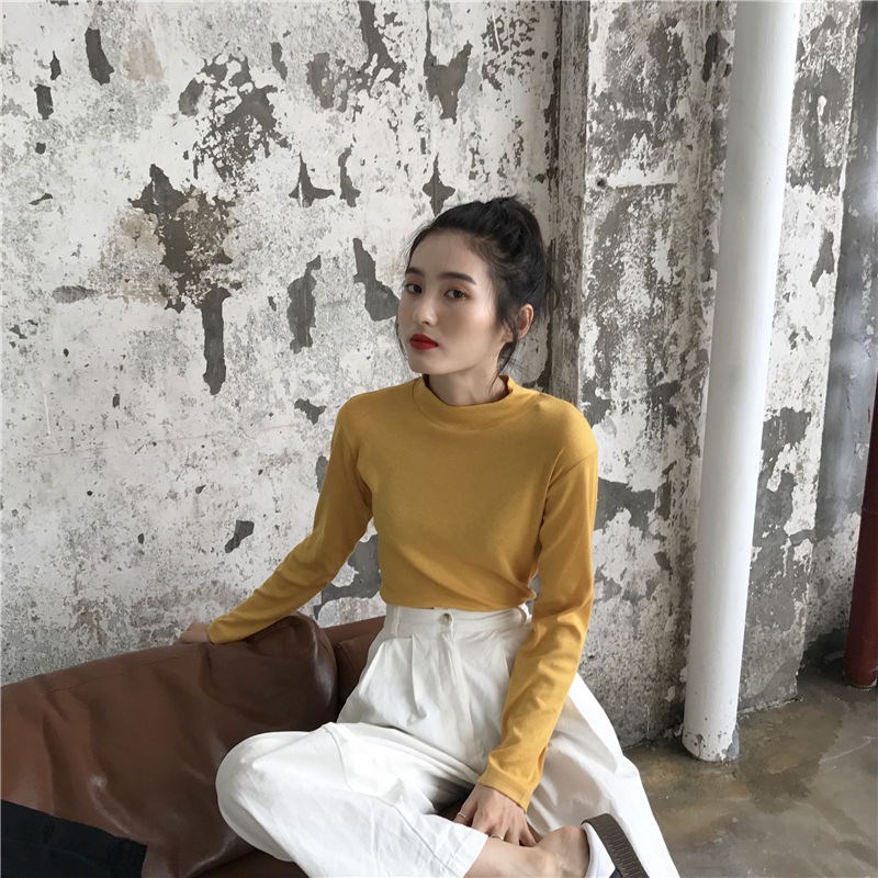 Áo Thun Ôm Tay Dài Cổ Lọ Màu Trơn Thời Trang Đơn Giản Dành Cho Nữ