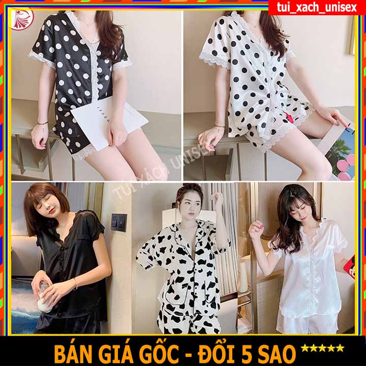 ❤️ HOT ❤️Bộ Đồ Ngủ Mặc Nhà Pyjama Nữ Phối Ren Tay Aó Cộc Quần Đùi Lụa Satin Cao Cấp Hoa Tiết Chấm Bi Thanh Lịch Hiện Đại