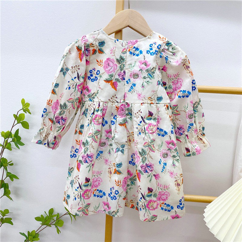 Đầm Cotton Tay Dài Phồng In Hoa Dễ Thương Cho Bé Gái