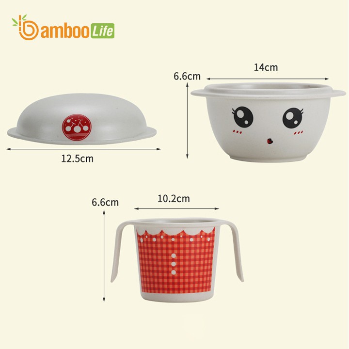 Bát ăn dặm cho bé sợi tre Bamboo Life BL1708 chén kiểu Nhật bộ gồm cốc, bát, đĩa hoạt hình an toàn cho trẻ em