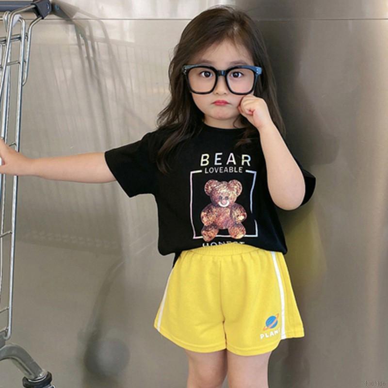 Áo thun vải cotton tay ngắn cổ tròn in hình gấu hoạt hình phong cách mùa hè dễ phối đồ cho bé gái