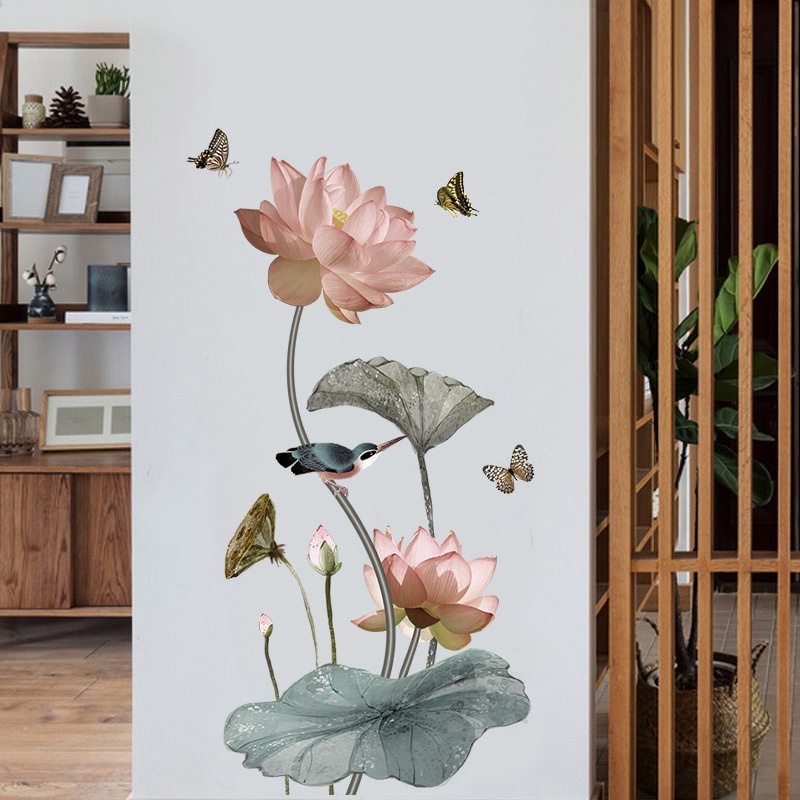 Tranh dán tường 3D Hoa sen hồng và chim bói cá