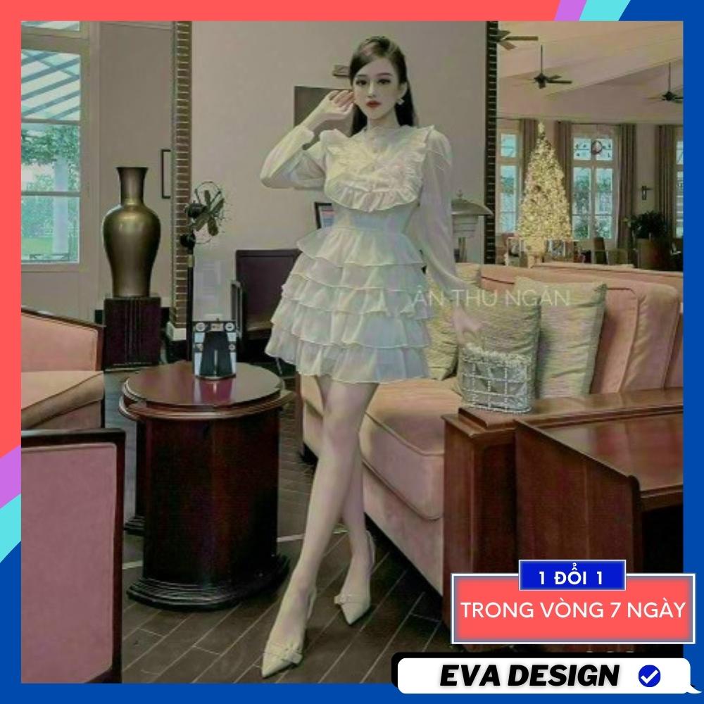 Đầm dự tiệc nữ màu trắng dáng xòe xếp tầng siêu xinh váy midi nữ dài tay cổ bèo đính khuy sang chảnh chiết eo duyên dáng