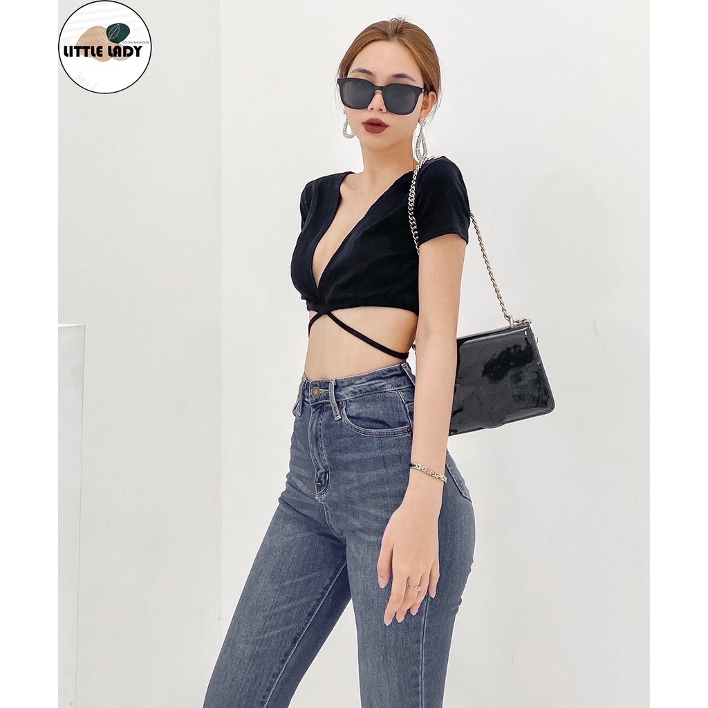 Áo Croptop Cổ V Kiểu Khoét Ngực Bigsize Dưới 70Kg Cột Dây Eo "V"