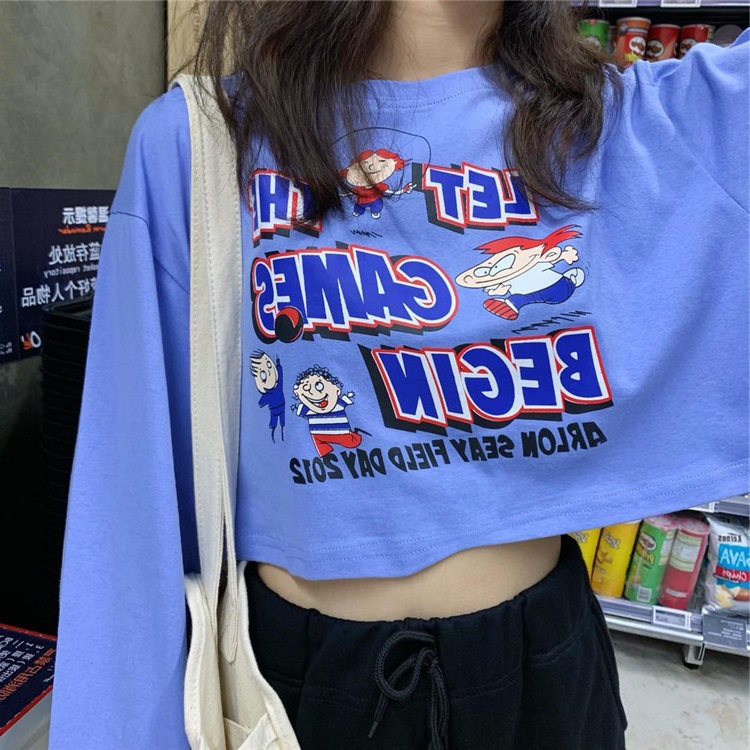 ( HÀNG CÓ SẴN ) Áo crop top nữ thun tay dài form rộng có in hình kiểu dáng hàn quốc