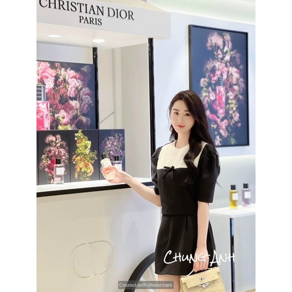 Set áo sơ mi nơ mix chân váy A nt closet tặng kèm tag