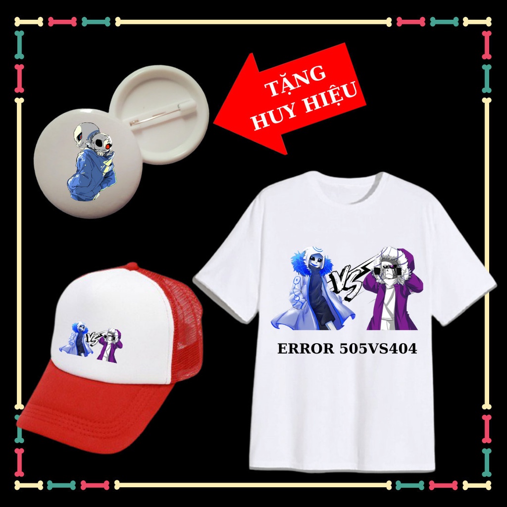 Set áo thun Error 404vsError505 siêu ngầu bé trai, bé gái, kèm mũ lưỡi trai, kèm huy hiệu Sans.