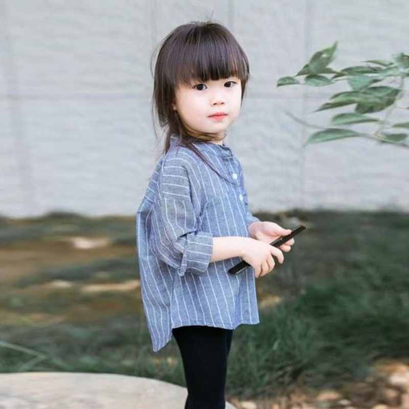 Áo Sơ Mi Cotton Lanh Cổ Đứng Dáng Rộng Tay Dài Kẻ Sọc Phong Cách Nhật Bản Cho Bé Trai Và Gái