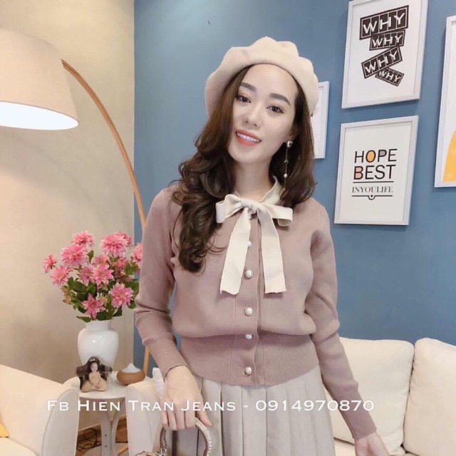 Áo len cúc ngọc cổ nơ