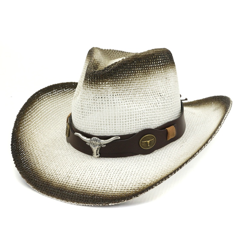 Mũ Rơm Cao Bồi Vành Rộng Unisex Có Dây Thắt Lưng Cho Đầu Bò