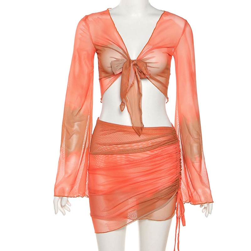 Set Đồ Bơi 2 Món Gồm Áo Lưới Tay Dài Thắt Nơ Và Chân Váy Ôm Dáng Có Dây Rút Quyến Rũ Cho Nữ