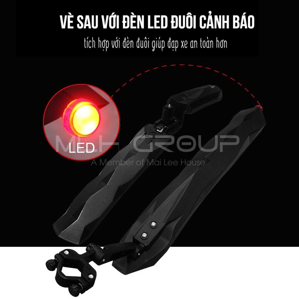 Bộ Vè Chắn Bùn Leo Núi Thể Thao Cho Xe Đạp Địa Hình,MTB Siêu Dẻo Mềm Chống Gãy 2 in 1 Tích Hợp Đèn Led Đuôi Cảnh Báo MLH