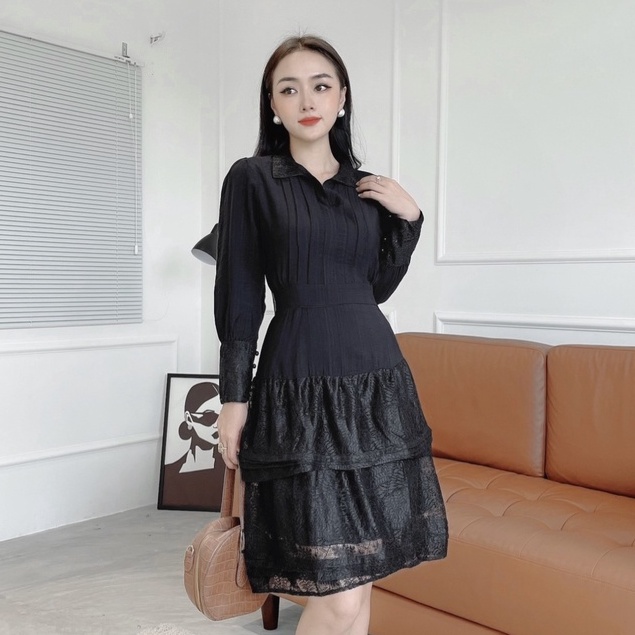 Đầm Công Sở NHẬT VY Cổ Sơ Mi Trơn Chiết Eo Tùng Phối Tầng Ren Chất Lụa Xước Màu Xanh, Đen - D2091