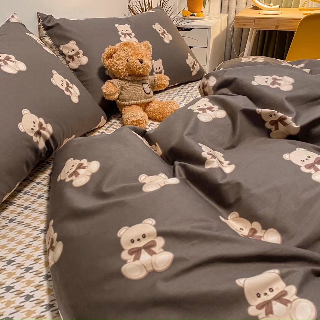 [Tặng vỏ gối ôm] Bộ 4 món chăn ga gối Cotton Living Chú gấu nhỏ nhập khẩu cao cấp