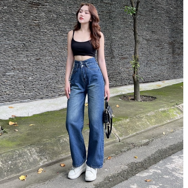 [ ORNY93 ] QUẦN JEANS ỐNG RỘNG NỮ LƯNG CAO 2 NÚT XANH ĐẬM THỜI THỜI TRANG NHẸ LAI CUỐN MỀM MỊN MÁT MẺ CỰC THỜI TRANG