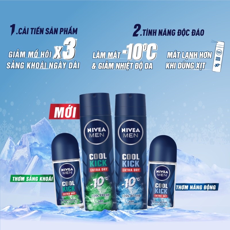 Combo 2 lăn ngăn mùi nam NIVEA MEN Cool Kick 50ml Mát Lạnh - Thơm năng động Extra Dry Cool Active