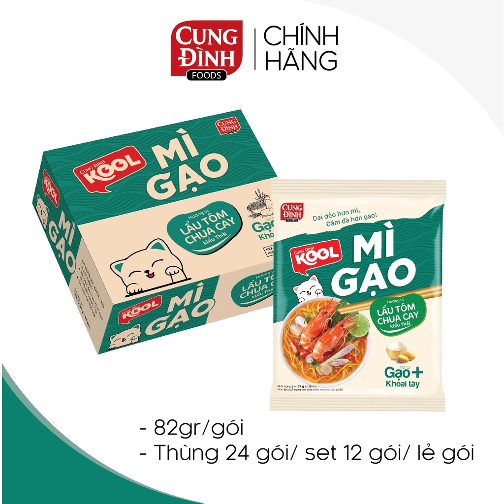 Mì gạo Cung Đình Kool hương vị Lẩu tôm Chua Cay kiểu Thái Gói 82gr, thùng 24 gói