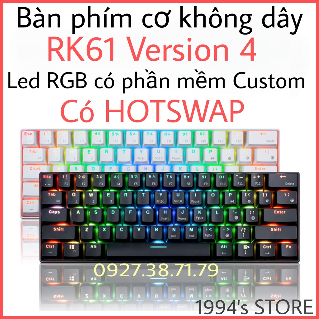 HOTSWAP - Bộ Kit Bàn Phím Cơ RK61 Version 4.0 Không Dây - Bluetooth 5.1 - Wireless 2.4G - Led RGB Custom bằng phần mềm