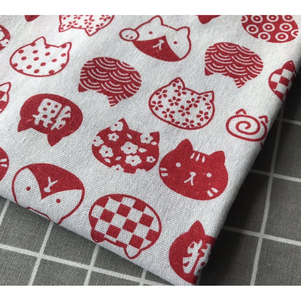 Vải linen họa tiết Mèo kitty đỏ V-F07