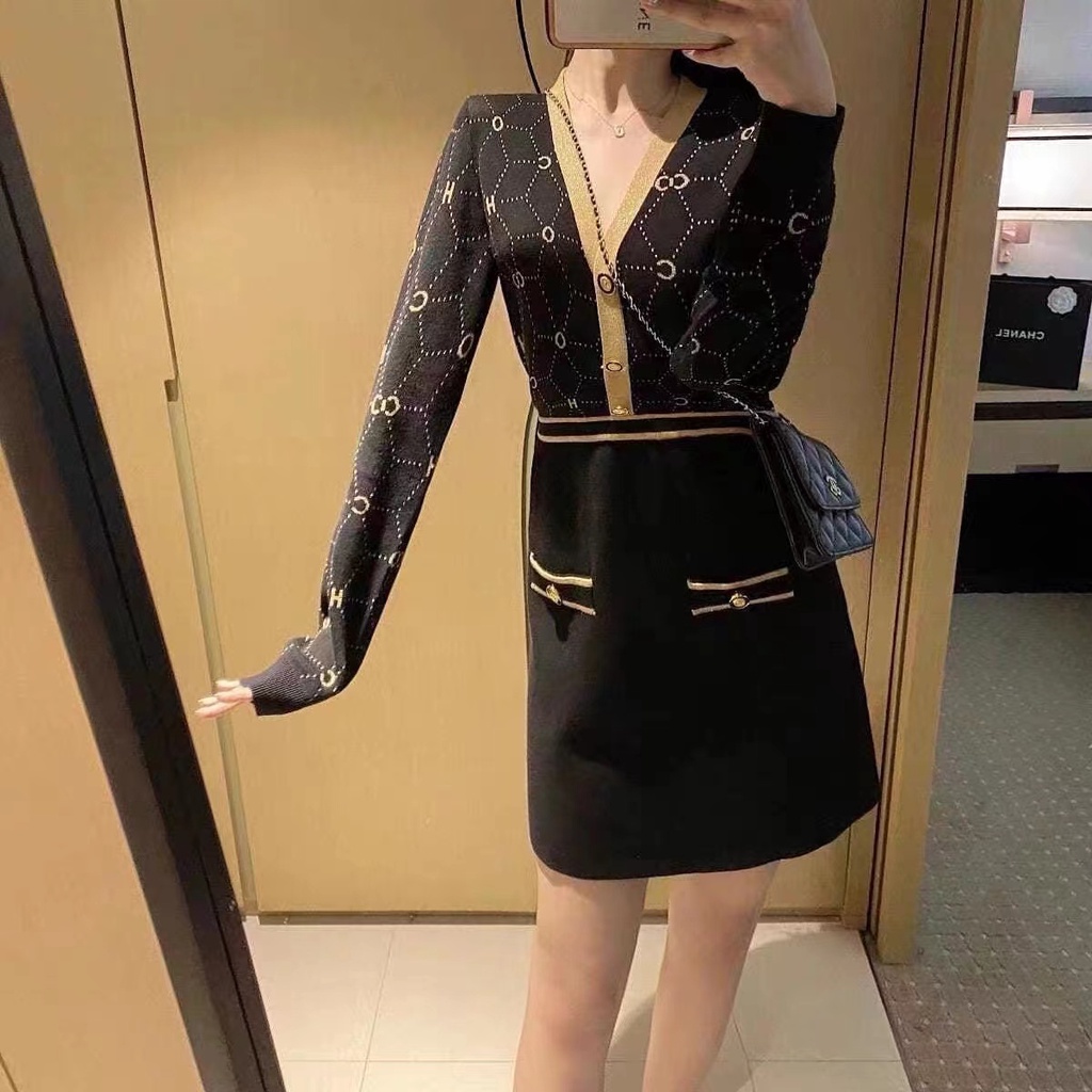 Đầm sweater Đen Dệt Kim Ôm Eo Kiểu Pháp Thời Trang Mùa Đông 2022 Cho Nữ