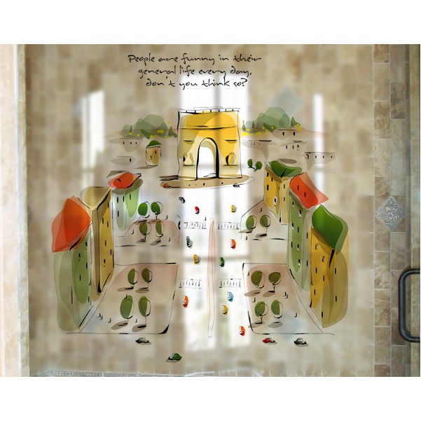 Decal trang trí kính cao cấp tranh vẽ Nhà  ( 60cm x 58cm )