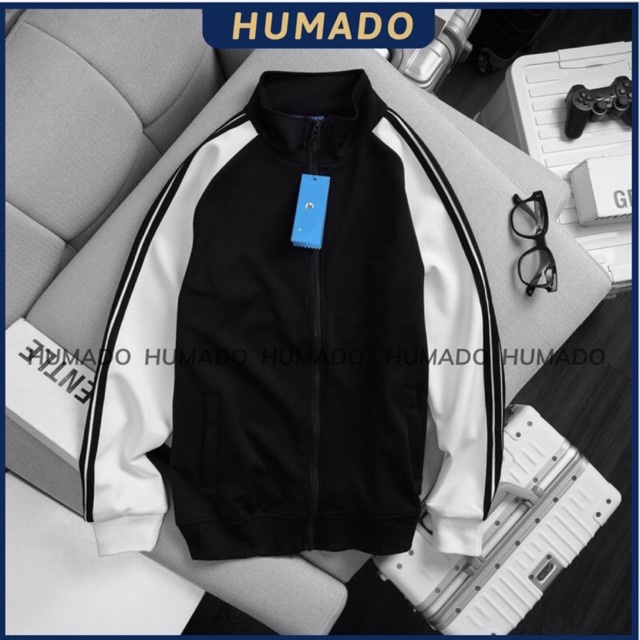 Áo khoác nam nữ thể thao HUMADO viền 3 sọc, thêu logo thể thao, áo khóa lẻ chất vải umi cao cấp