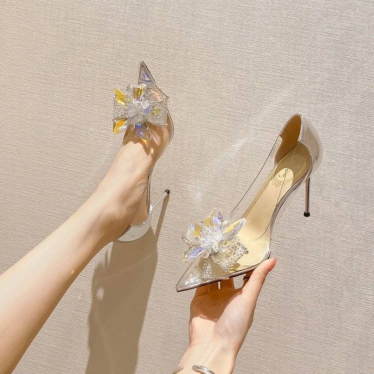 Giày cao gót nhọn trong suốt đính pha lê đá rhinestone nơ cho cô dâu L5PA