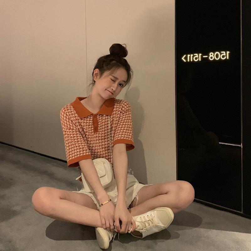 Áo sơ mi tay ngắn dáng rộng hoạ tiết sọc ca-rô cho phái nữ