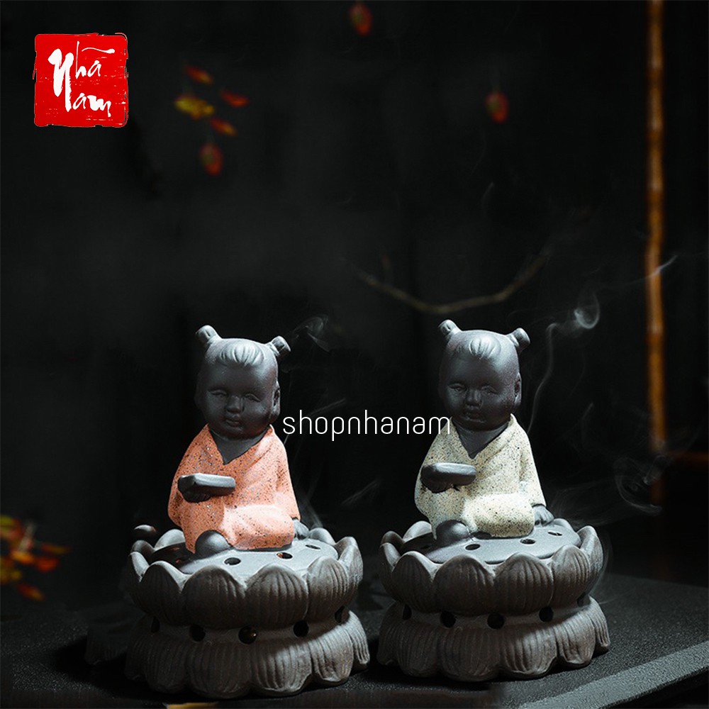 Lư xông trầm hương hình phật đỉnh đốt nhang gốm sứ tử sa tặng 1 nụ trầm hương Linh Tâm