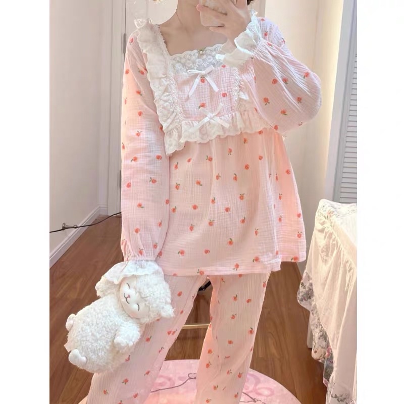 New SET BỘ NGỦ TIỂU THƯ QUẢNG CHÂU DÀI TAY XÔ MUSLIN HỒNG DÂU rẻ nhất shopee