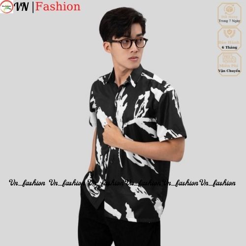 Áo sơ mi nam chất lụa họa tiết lá đen, trắng Boo Boo Vn_fashion