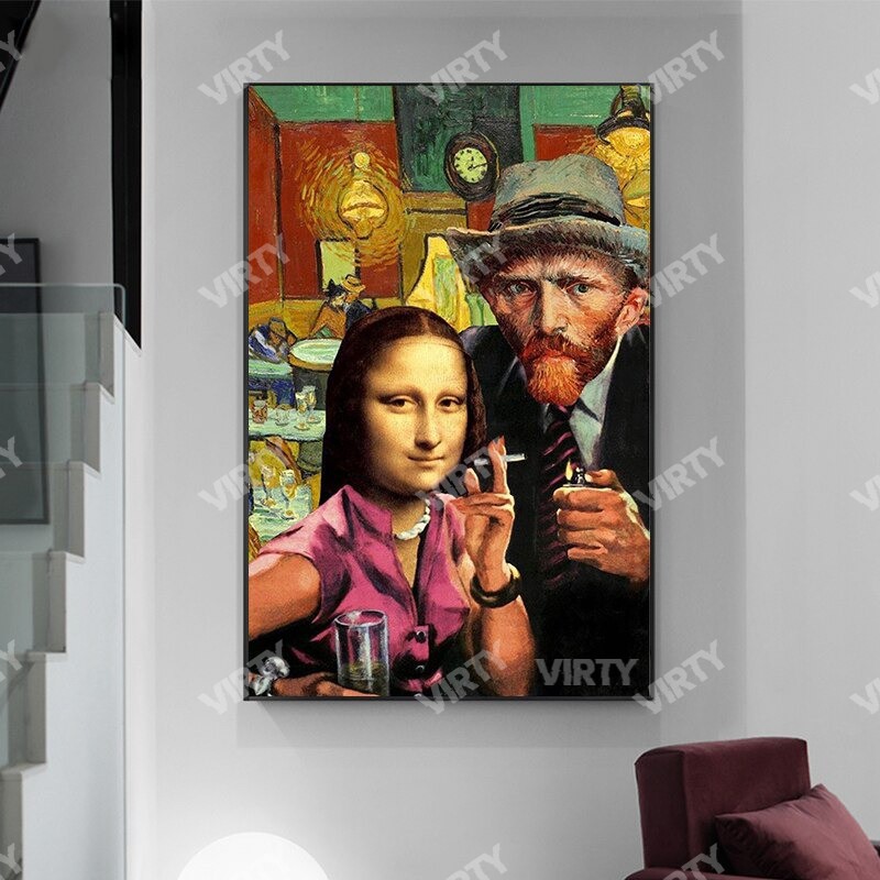 [Giá hủy diệt] Tranh canvas decor Van Gogh x Mona Lisa smocking Funny Art