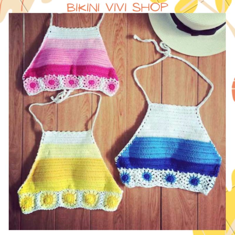 Áo Len Móc Đi Biển, Đan Tay Viền Hoa Nhiều Màu, Đồ Tắm Biển Nữ (Kèm Ảnh Thật)