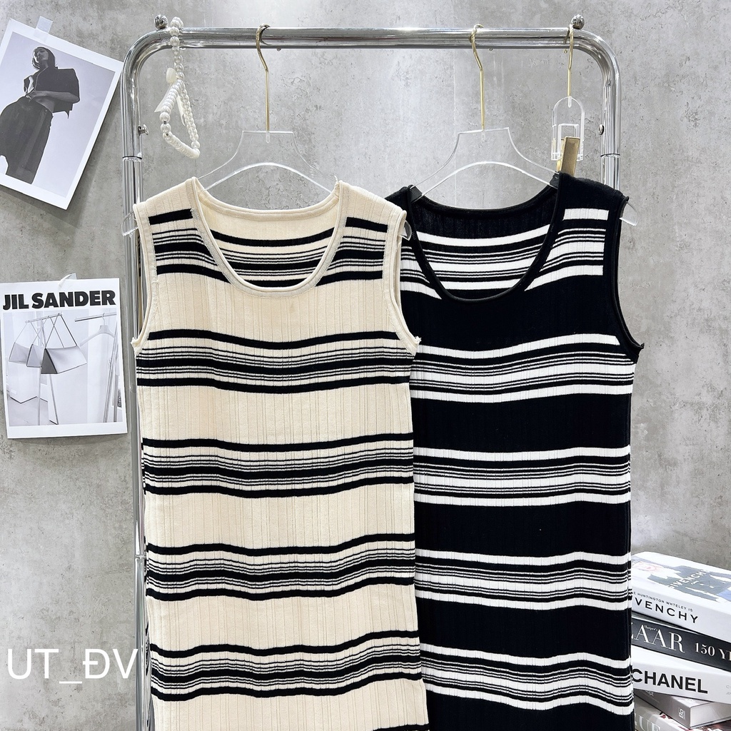 Váy len mỏng, Váy body montergi kẻ sát nách dáng dài vải mềm co giãn MAIANHSHOP