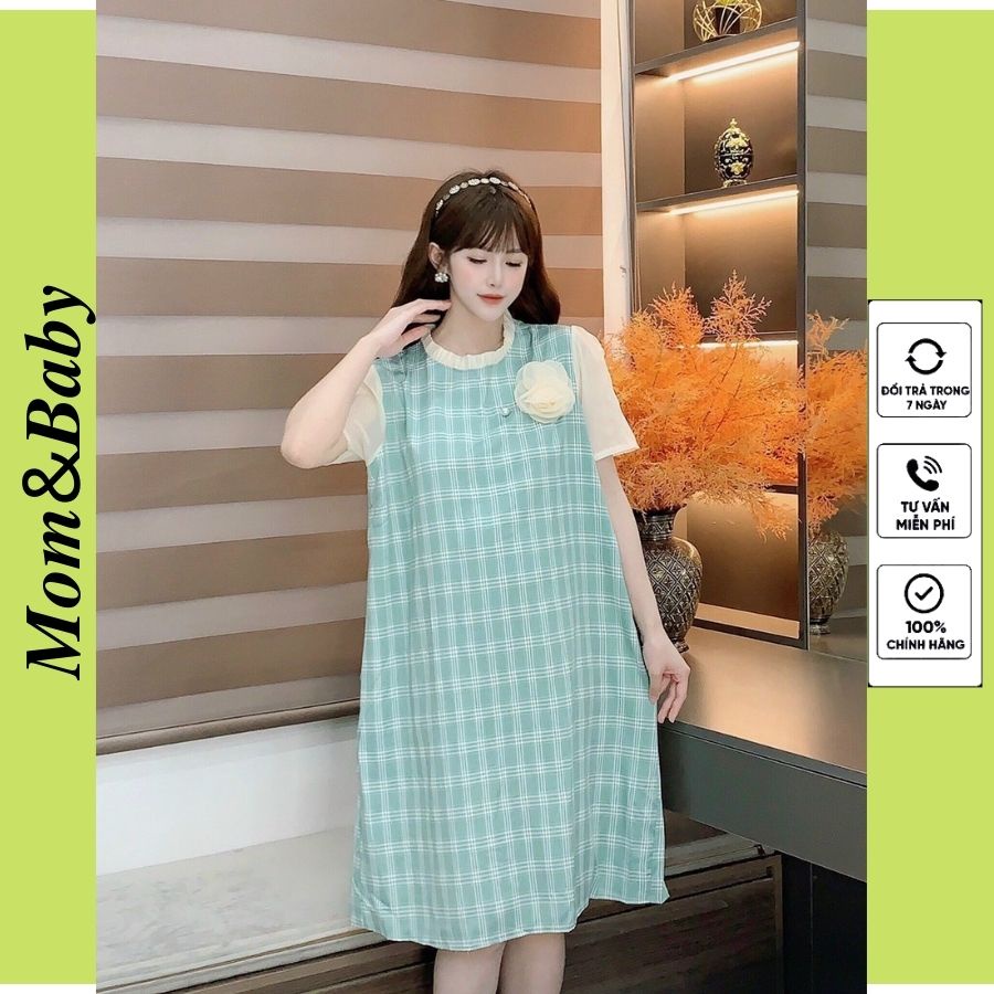 Váy bầu ngắn tay thời trang thiết kế kẻ hoa ngực Mom and baby M529