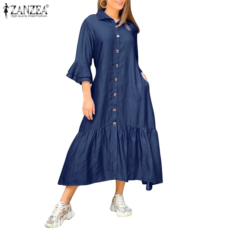 Đầm denim ZANZEA tay dài 3/4 có túi thời trang cho nữ