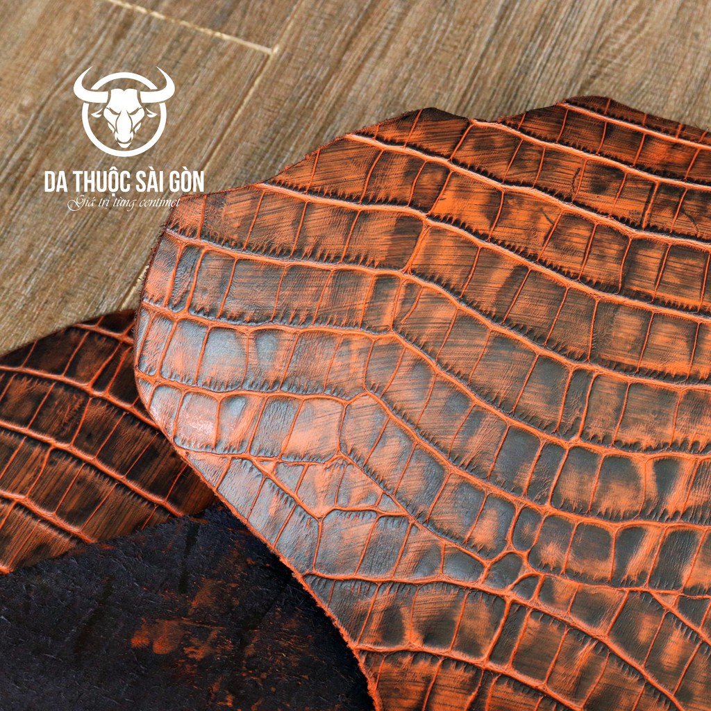 10 Pia da bò dập vân cá sấu wax phấn màu cam thương hiệu Da Thuộc Sài Gòn - Bán da bò làm đồ handmade