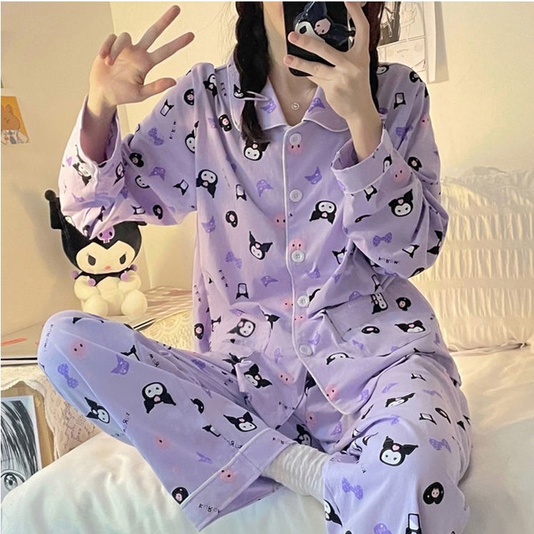 SANRIO Bộ Đồ Ngủ Pijama Tay Dài In Họa Tiết Dễ Thương Thời Trang Xuân Thu Cho Bạn Gái