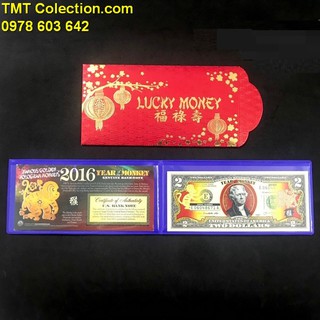 Quà kỷ niệm 2 USD con Khỉ 2016, in hình chú Khỉ mạ vàng bằng lớp keo vàng phản quang - TLX063