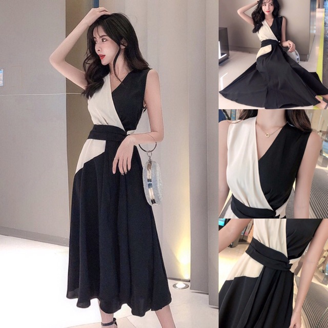 Đầm xoè dự tiệc sát nách cổ đắp chéo phối màu siêu xinh kèm dây buộc eo