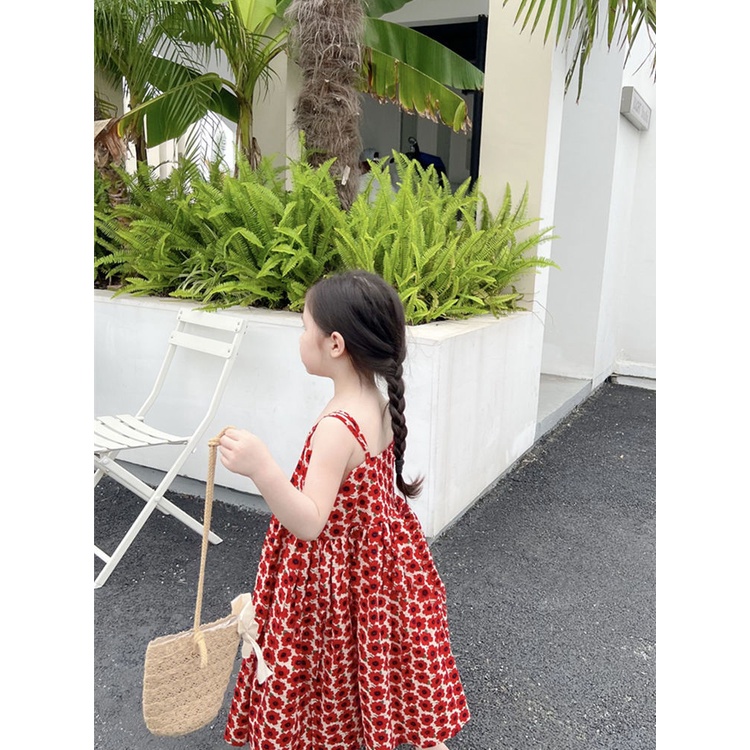 Đầm Mùa Hè Tay Cộc In Họa Tiết Hoa Đỏ Phong Cách Hàn Quốc Hợp Thời Trang Cho Bé Gái 5 Tuổi