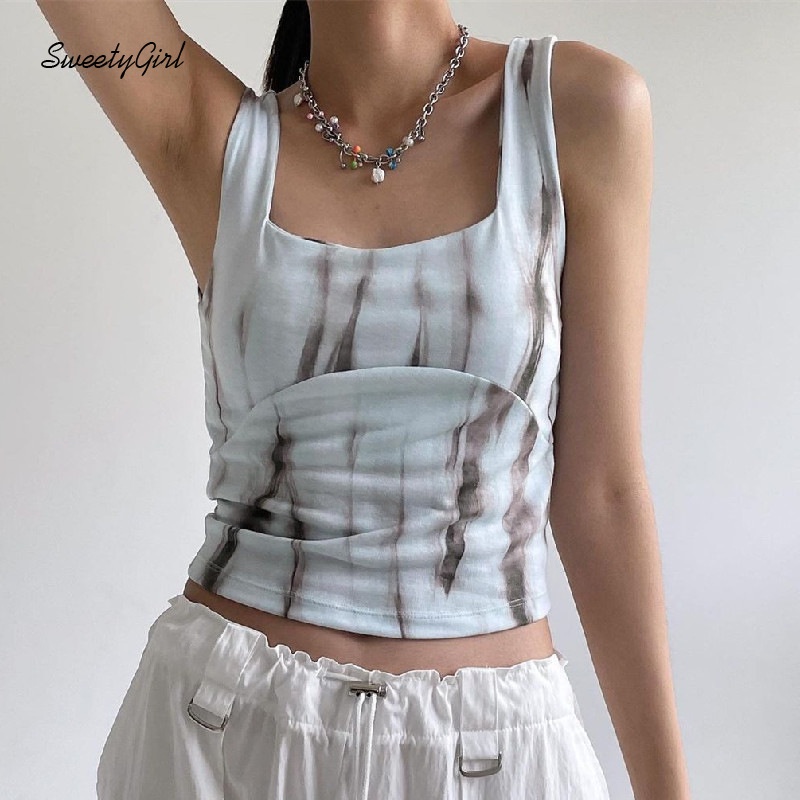 Áo Tank Top Cổ Vuông Ôm Eo In Họa Tiết Mực In Thời Trang 2022 Cho Nữ