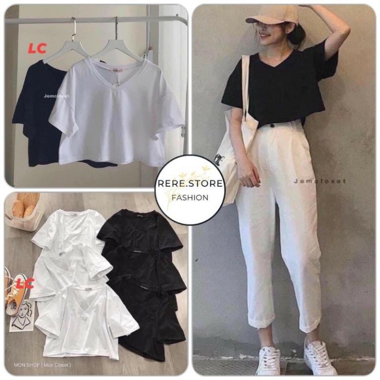 Áo Croptop Tay Lỡ Cổ Tim Kiểu Dáng Basic - Rere.Store [FREESHIP] - Thun trơn cộc tay dáng suông nhiều màu Ulzzang 💖 '