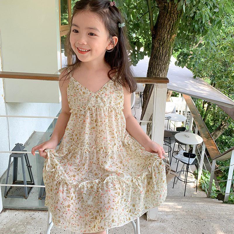 Đầm Hai Dây Cổ Chữ V Phối Bèo Họa Tiết Hoa Phong Cách Hàn Quốc Thời Trang Mùa Hè Cho Bé Gái