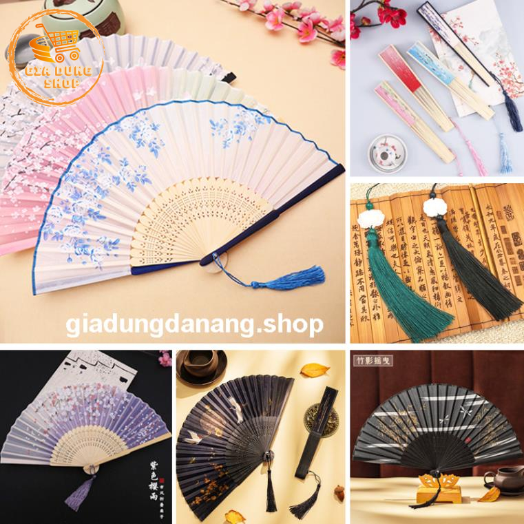 Quạt Cầm Tay Cổ Trang Trung Quốc Bằng Vải Lụa Thân Tre Xếp Xòe Tròn Dùng Làm Trang Trí
